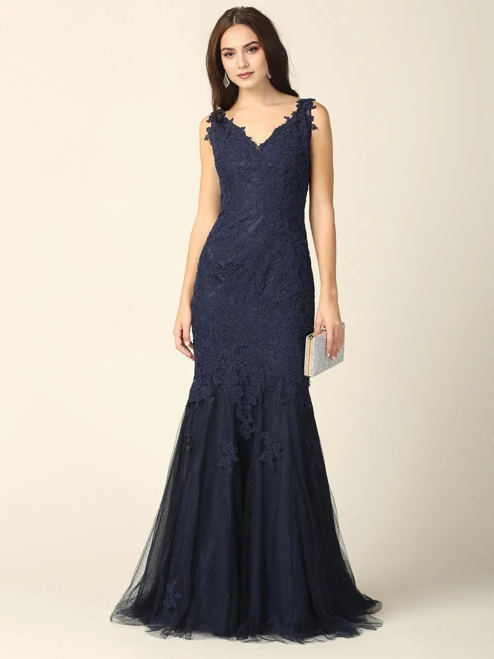 Elegant Mermaid V-Neck Sleeveless Lace-Up-Back Floor-Length Lace Prom Dress
