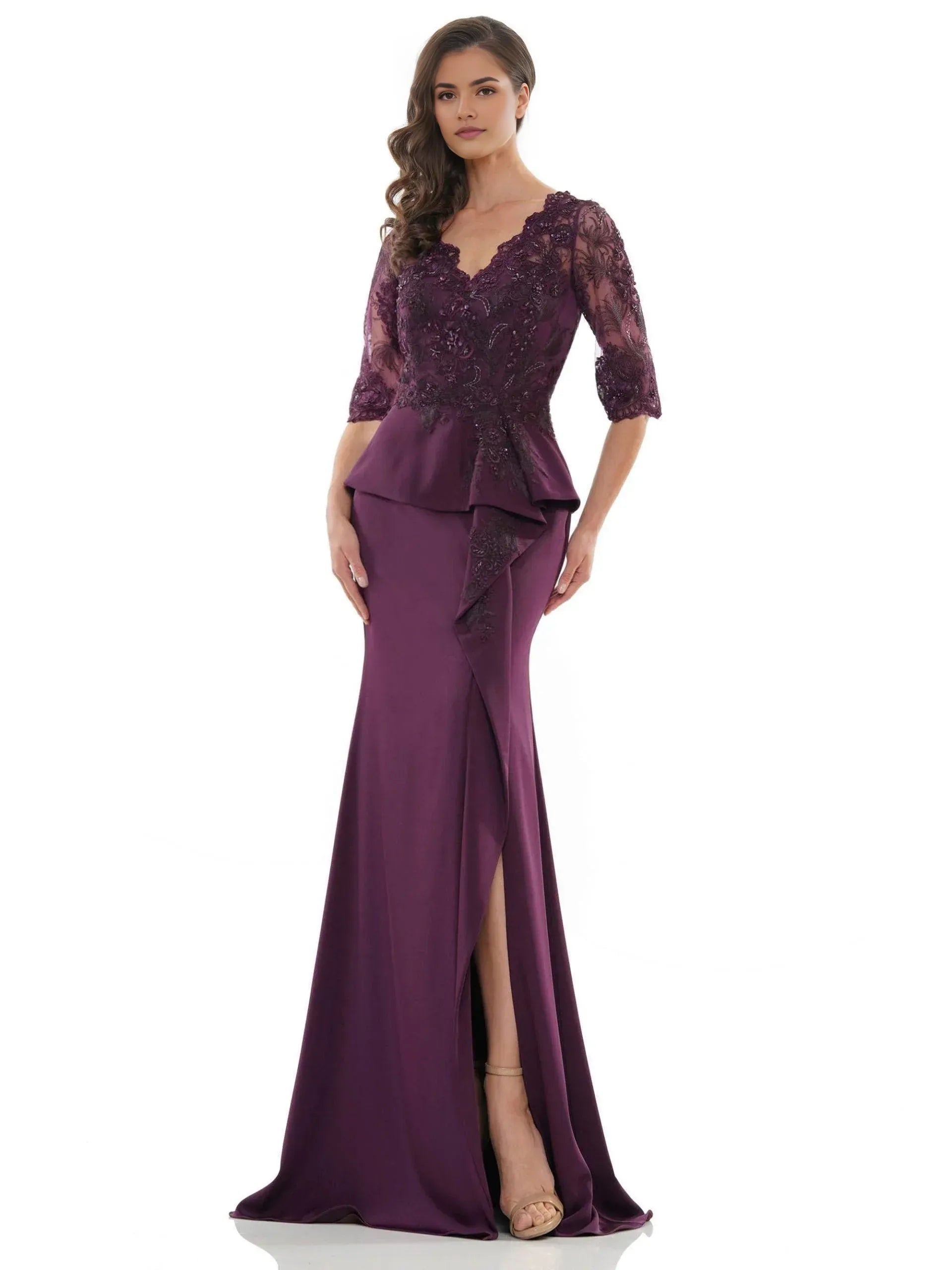 Elegant Mermaid V-Neck Three Quarter Sleeve Sheer Back Floor Length Prom Dress