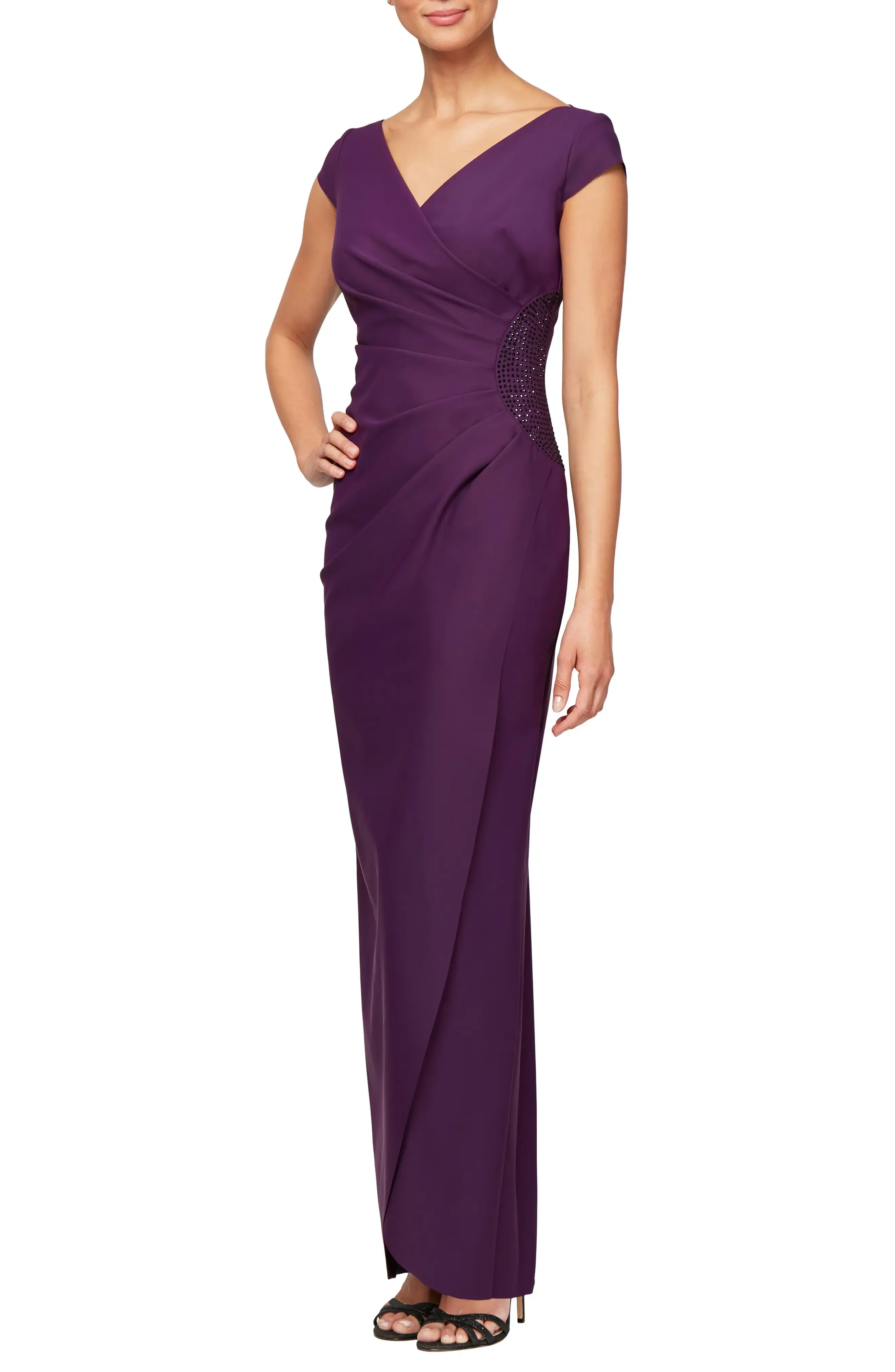 Elegant Ruched V Neck Cap Sleeve Beaded Accent Zipper Back Floor Length For Women Evening Dress