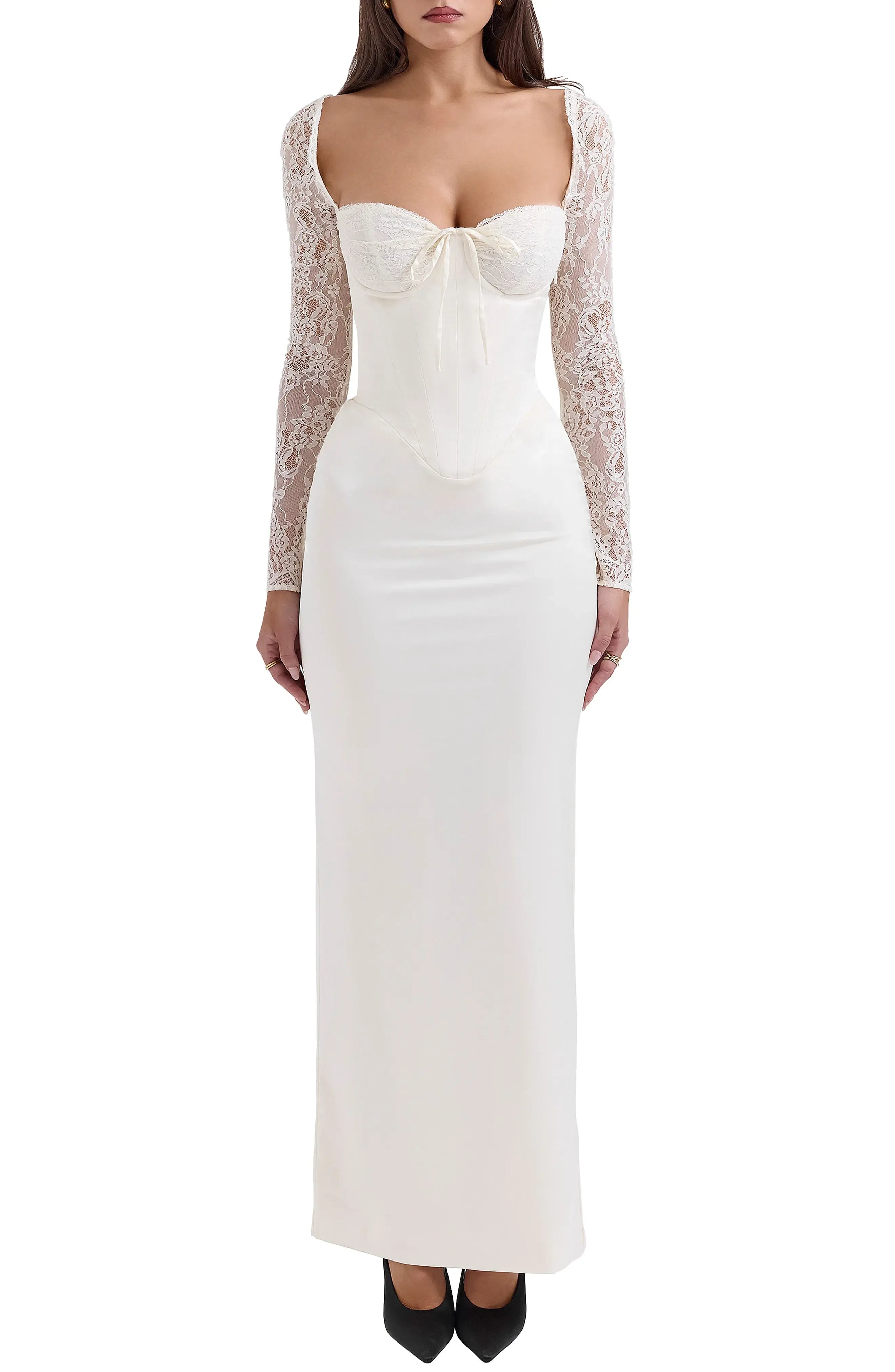Elegant Satin Sheath Square Neck Lace Long Sleeve Lace Up Back Floor Length For Adults Prom Dress
