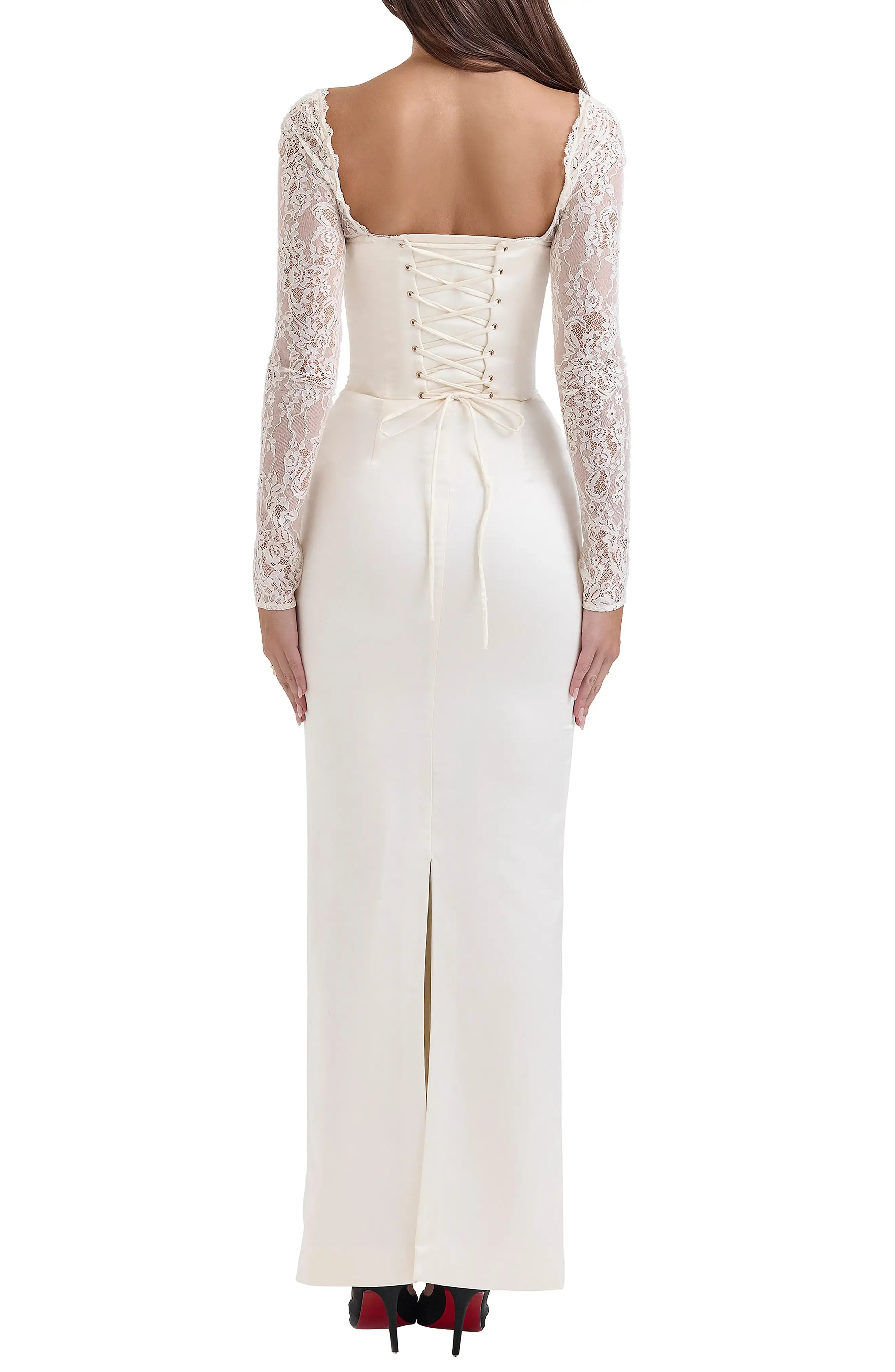 Elegant Satin Sheath Square Neck Lace Long Sleeve Lace Up Back Floor Length For Adults Prom Dress