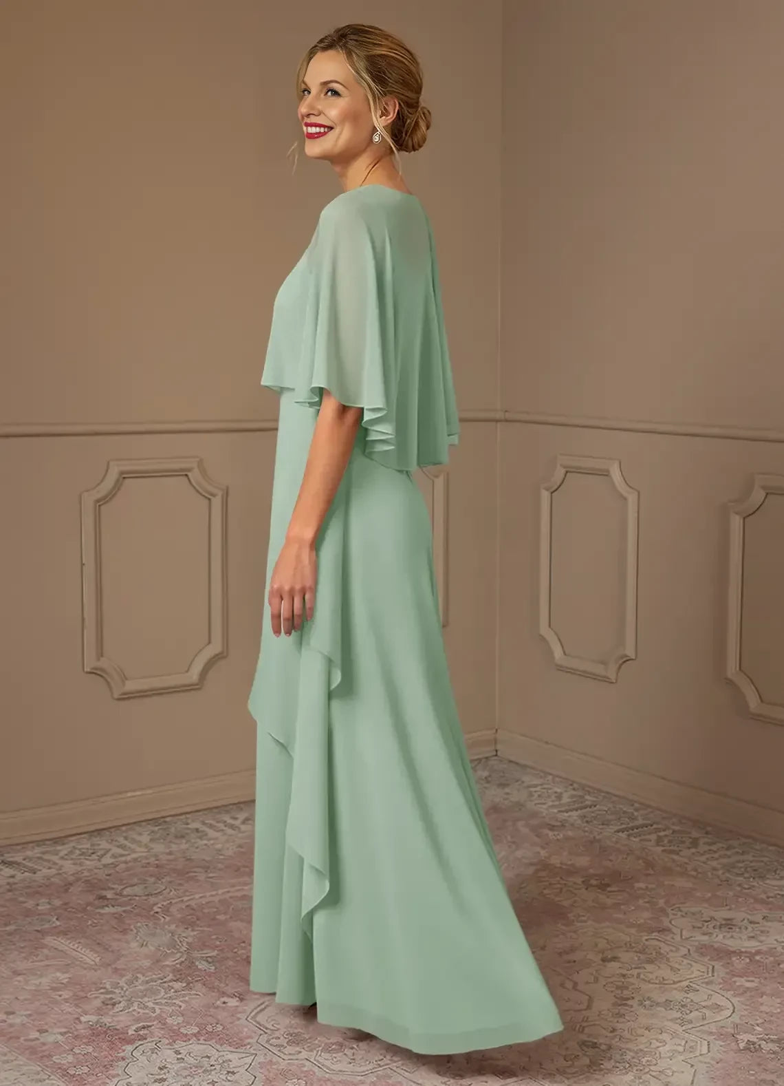 Elegant Sheath Boat Neck Cape Sleeve Draped Back Floor Length Mother of the Bride Dress