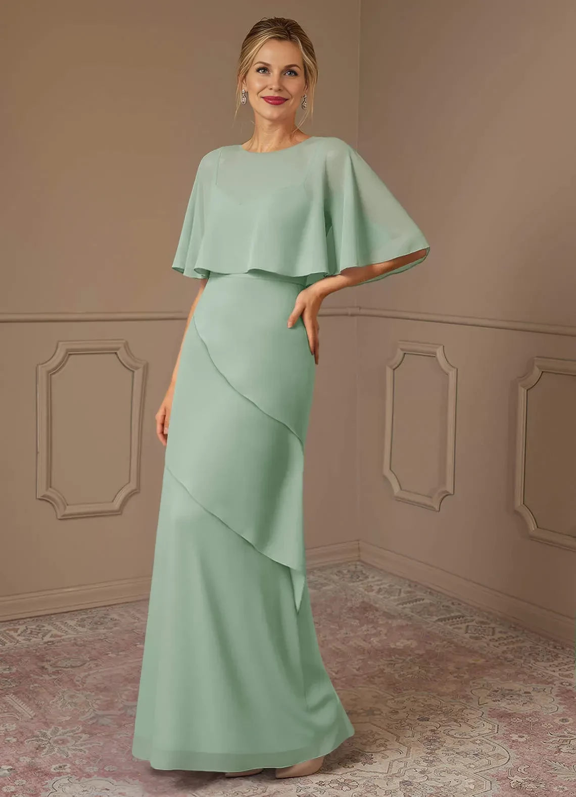 Elegant Sheath Boat Neck Cape Sleeve Draped Back Floor Length Mother of the Bride Dress