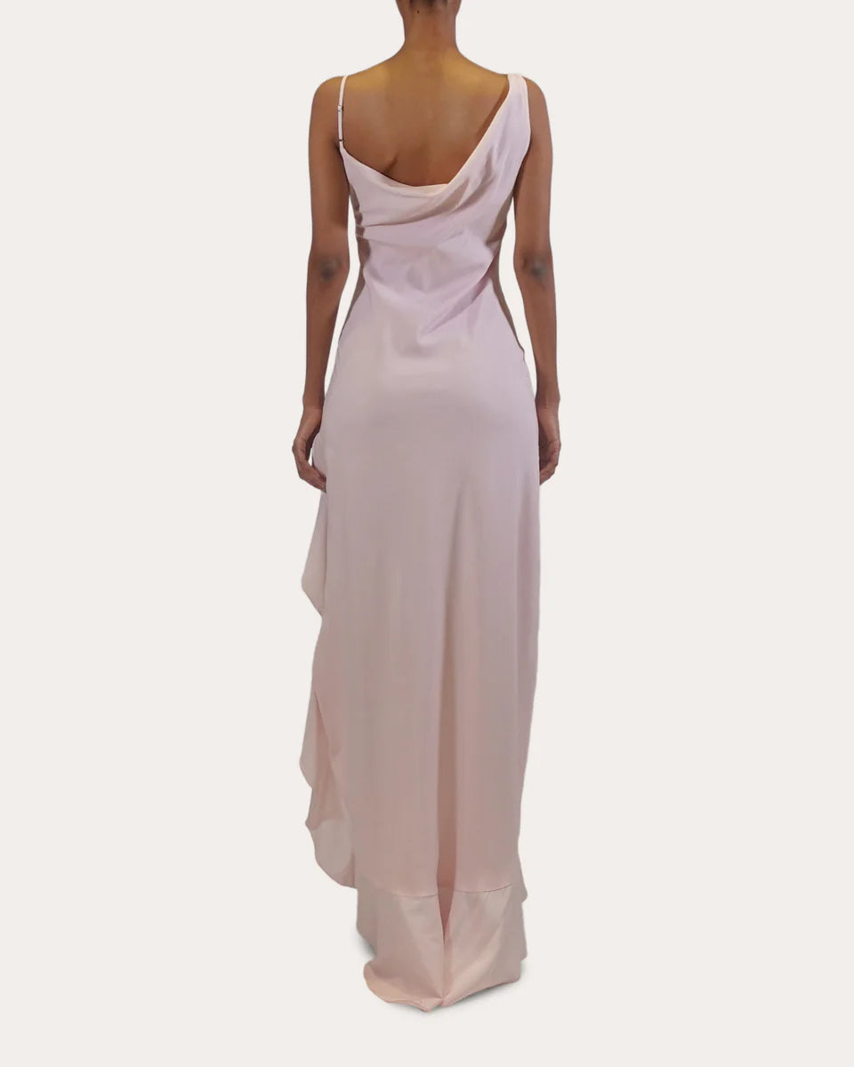 Elegant Sheath Cowl Neck Sleeveless Open Back High Low Hot Sale Prom Dress