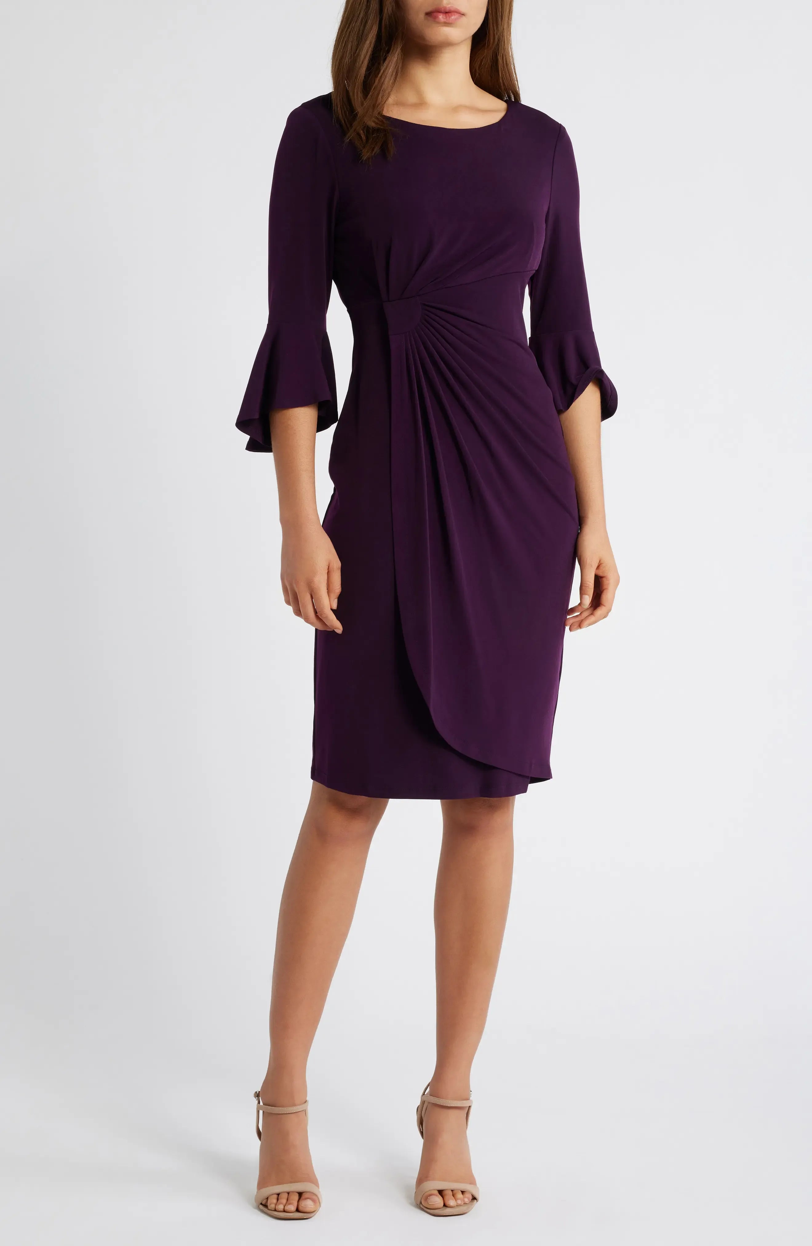 Elegant Sheath Crew Neck Flared Sleeve Ruched Back Midi Evening Dress
