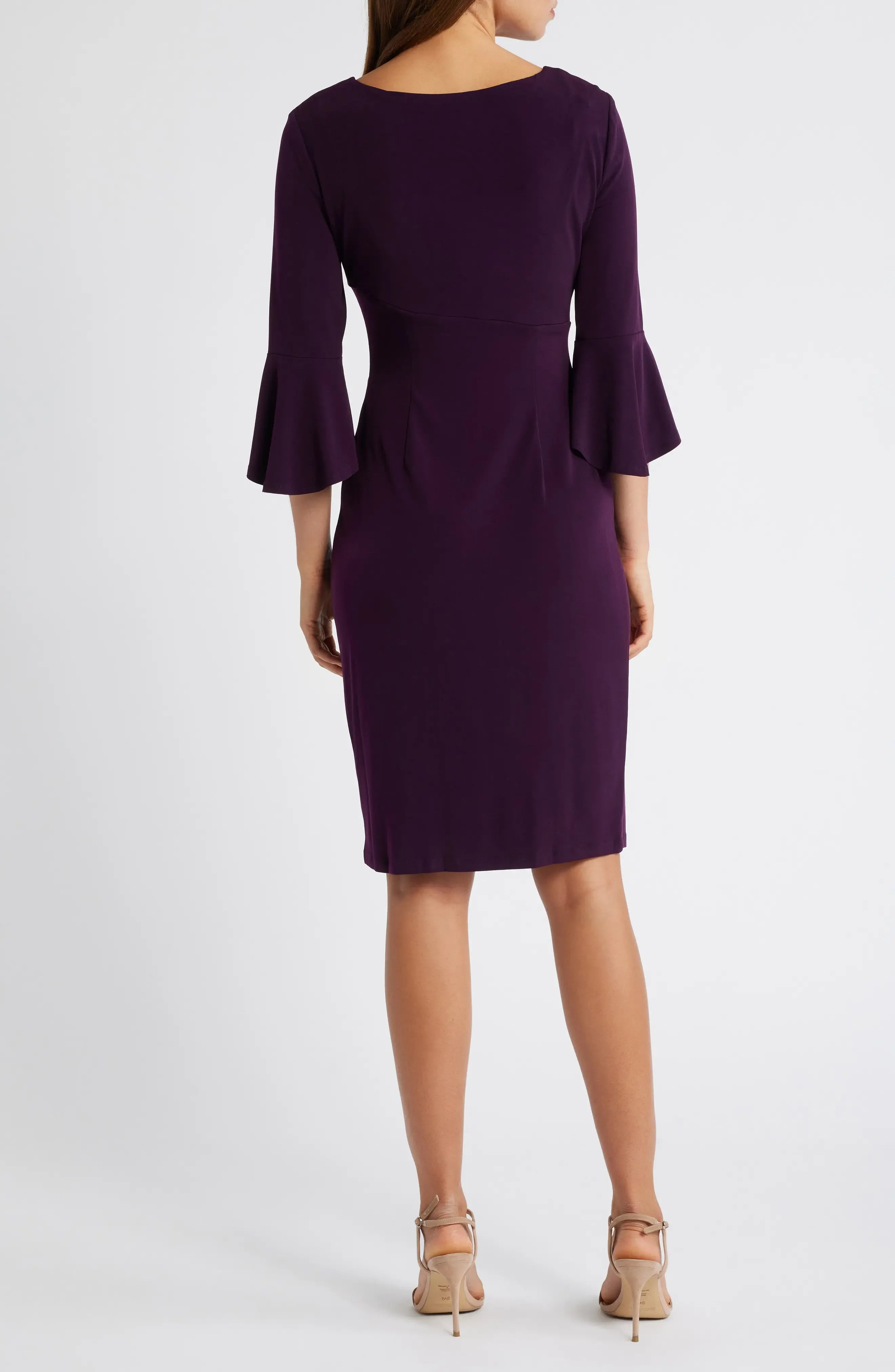 Elegant Sheath Crew Neck Flared Sleeve Ruched Back Midi Evening Dress