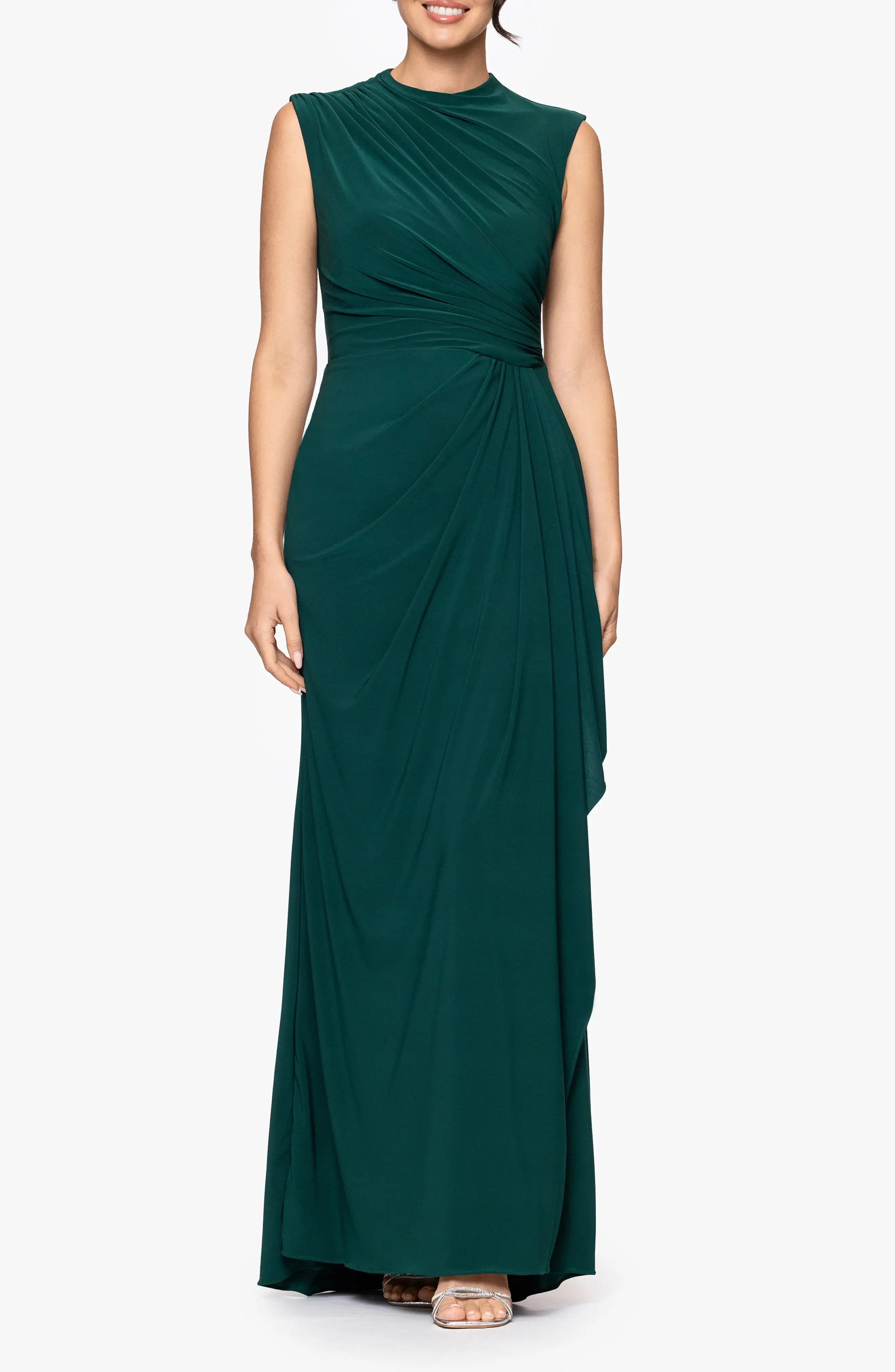 Elegant Sheath Crew Neck Sleeveless Ruched Back Maxi For Ladies Evening Dress