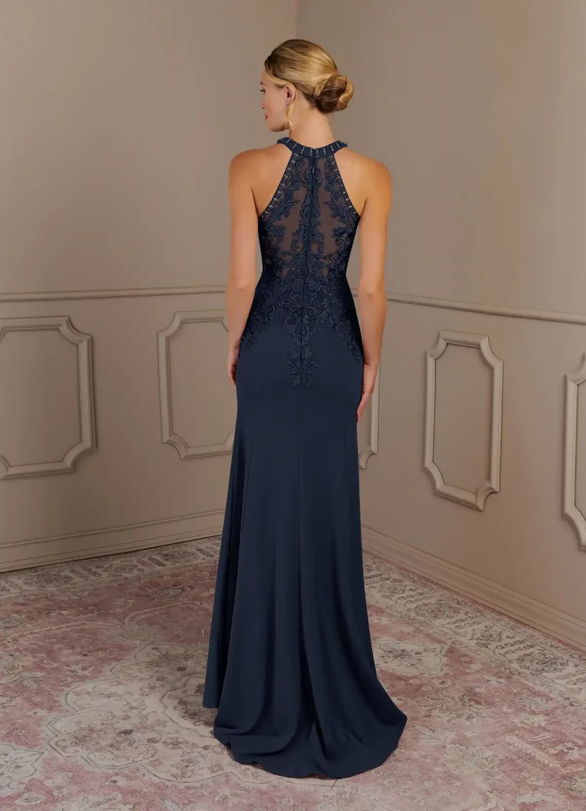 Elegant Sheath Halter Neck Sleeveless Lace Back Floor Length Mother of the Bride Dress