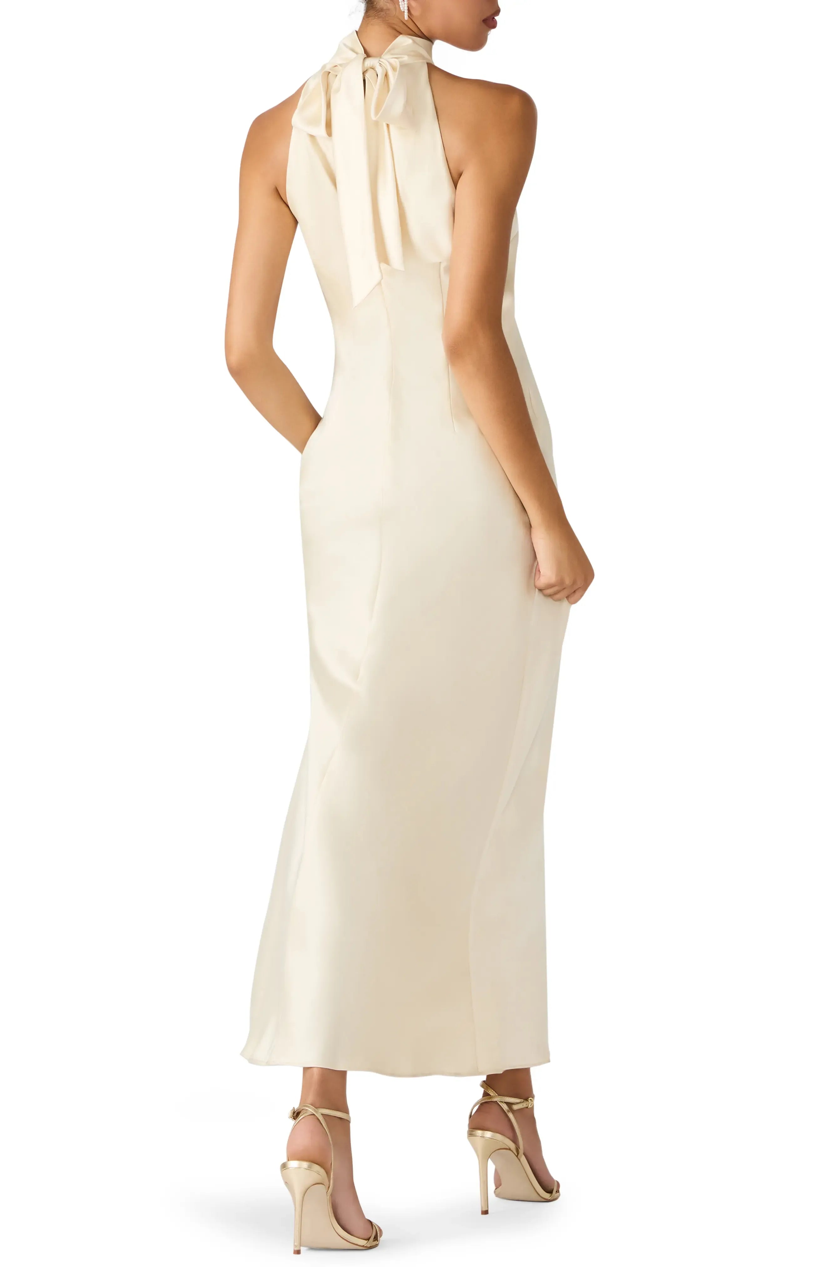 Elegant Sheath Halter Neck Sleeveless Tie Back Midi For Ladies Evening Dress ﻿