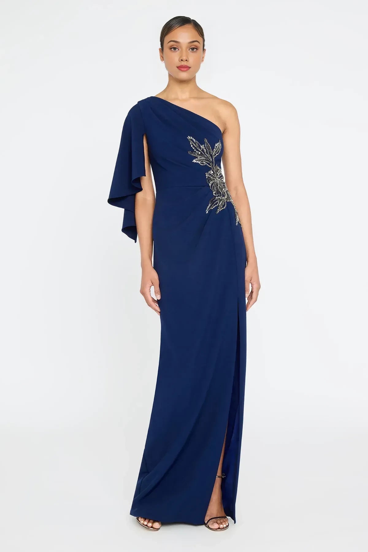 Elegant Sheath One Shoulder Ruffled Sleeve Beaded Back Floor Length Prom Dress