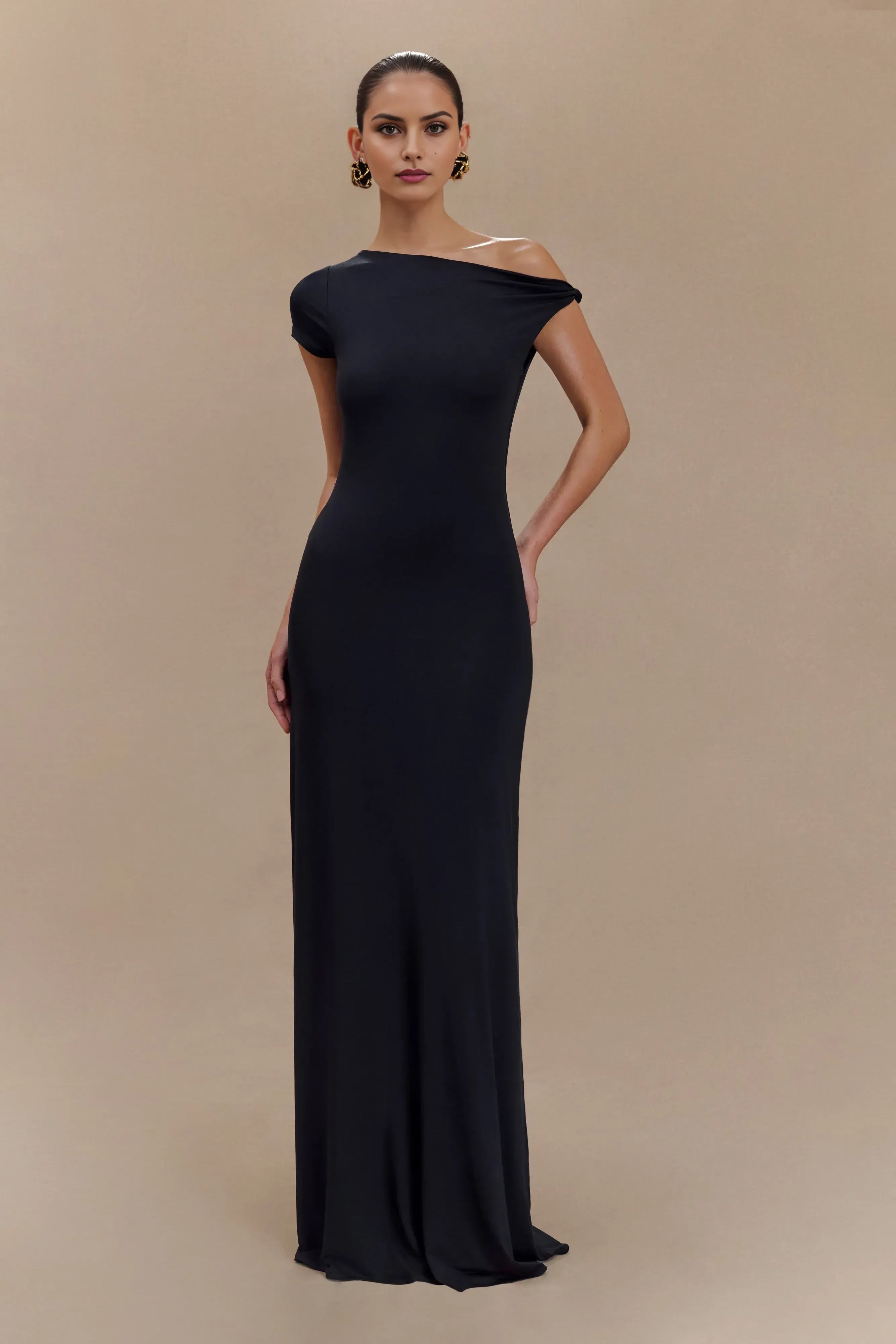Elegant Sheath One Shoulder Short Sleeve Draped Back Floor Length Prom Dress