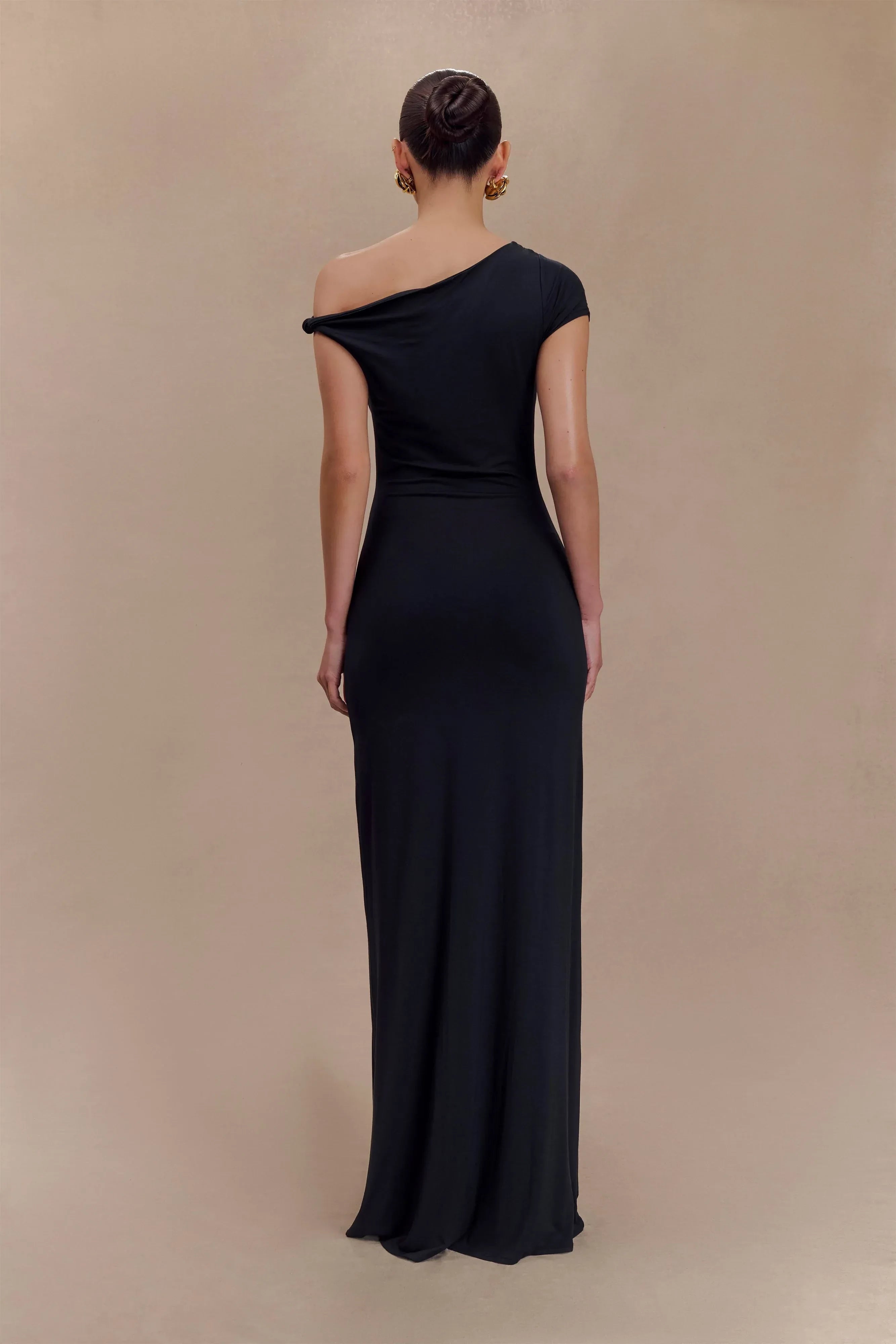 Elegant Sheath One Shoulder Short Sleeve Draped Back Floor Length Prom Dress