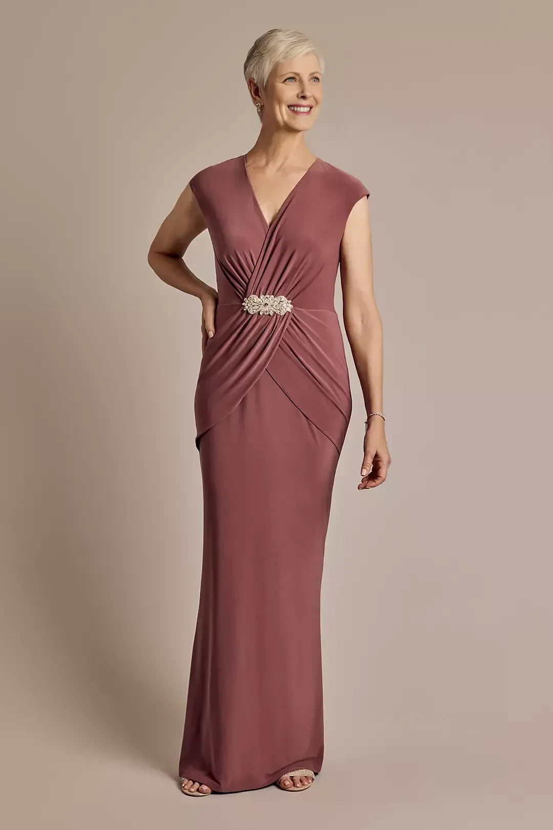 Elegant Sheath V Neck Cap Sleeve Plain Back Floor Length Mother of the Bride Dress