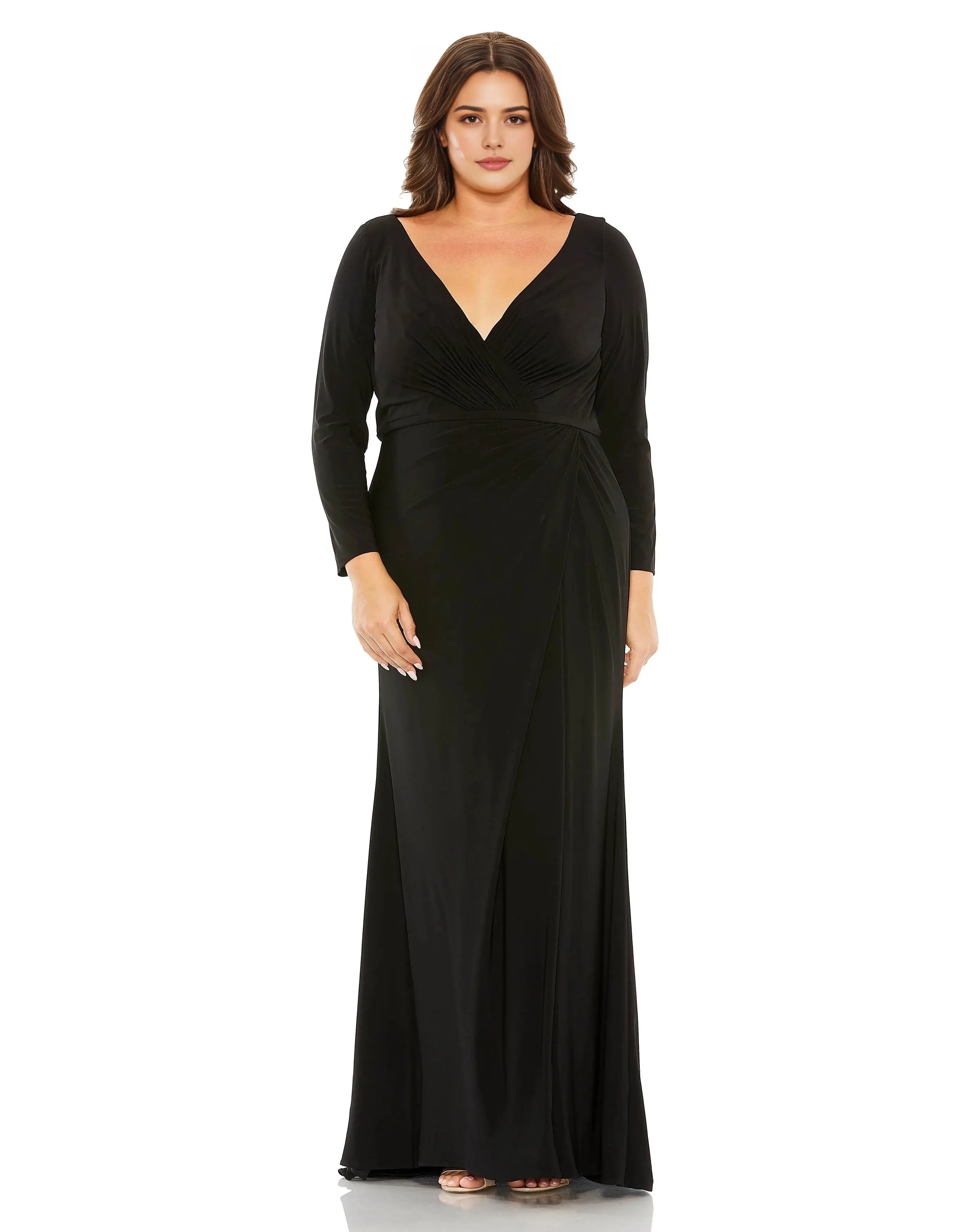 Elegant Sheath V-Neck Long-Sleeve Zipper-Back Floor-Length Plus-Size Prom Dress