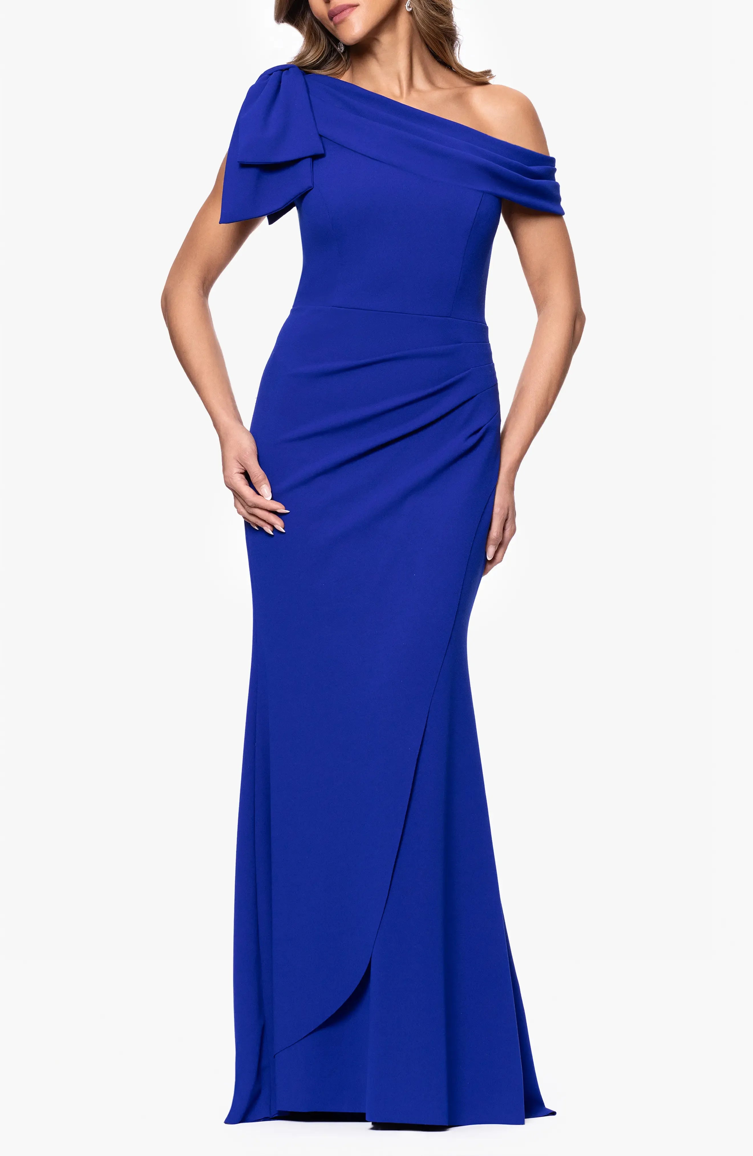 Elegant Trumpet One Shoulder Ruffled Neck Ruched Back Maxi Evening Dress