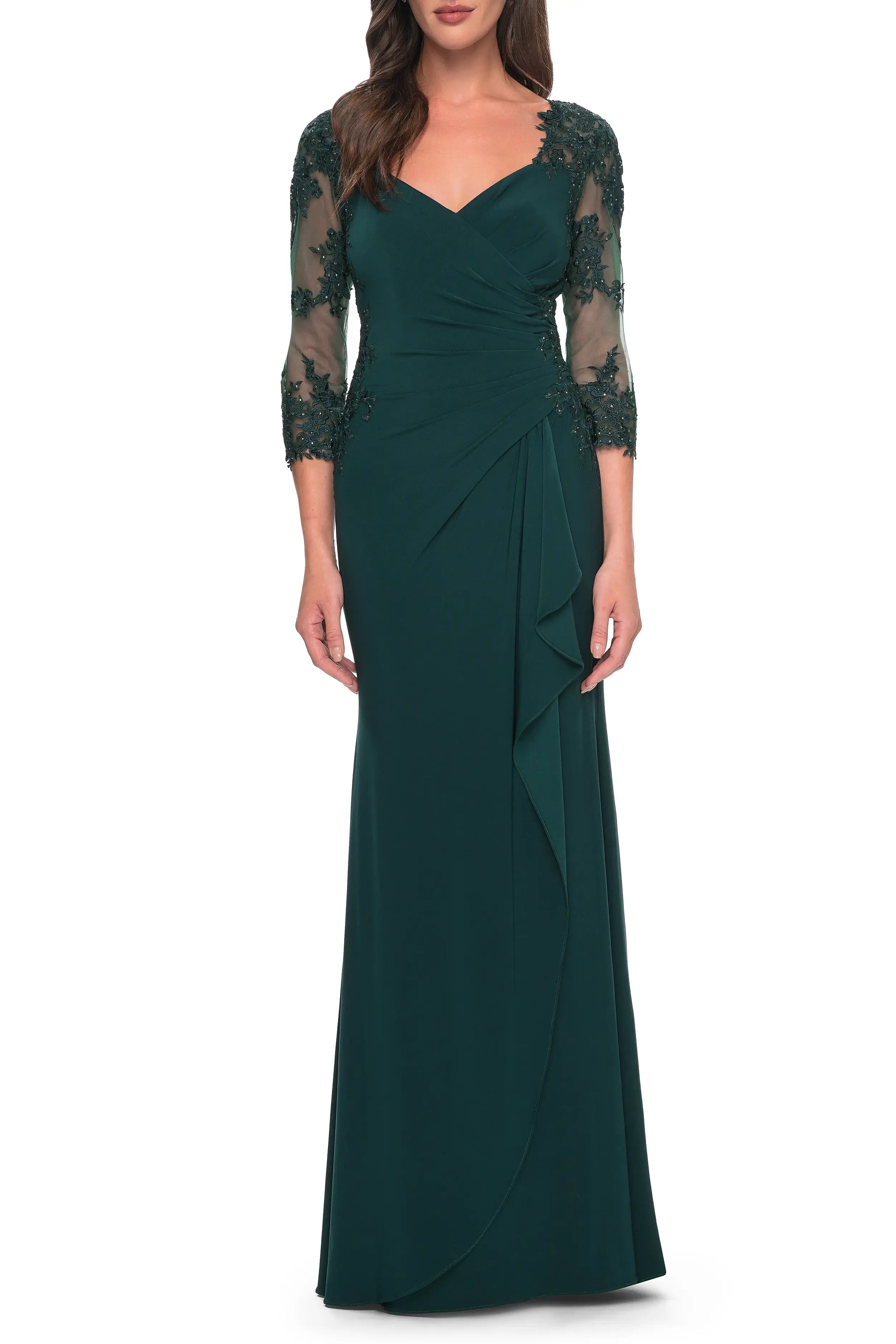 Elegant Trumpet V Neck Lace Sleeve Embellished Back Maxi For Sale Evening Dress