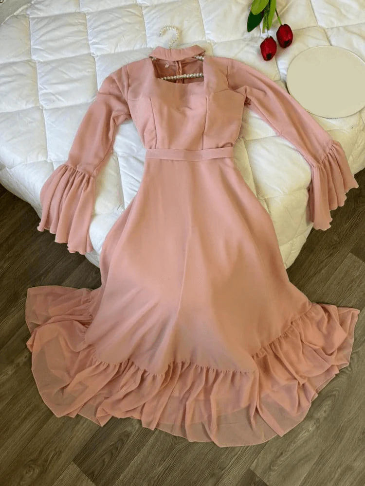 Elegant A-Line Pleated Party Dress Chiffon Bell Sleeve Formal Prom Gown simple gentle atmospheric and unique desi Bring summer colors to enhance whiteness