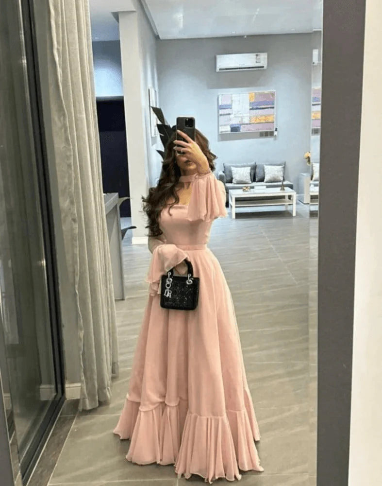 Elegant A-Line Pleated Party Dress Chiffon Bell Sleeve Formal Prom Gown simple gentle atmospheric and unique desi Bring summer colors to enhance whiteness