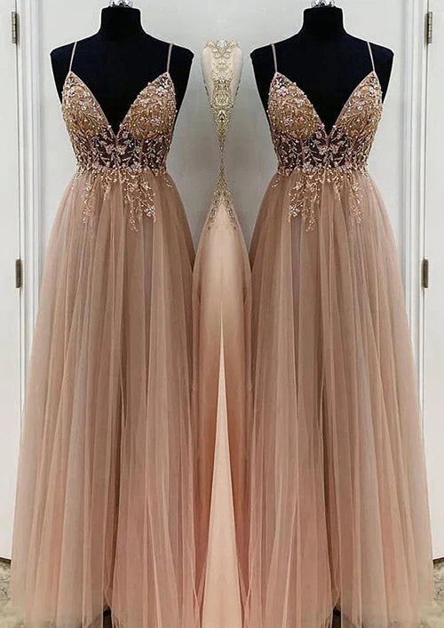 Elegant A-Line/Princess V-Neck Long/Floor-Length Tulle Prom Dress/Evening Dress With Beading Sequins Simple gentle atmospheric and unique design