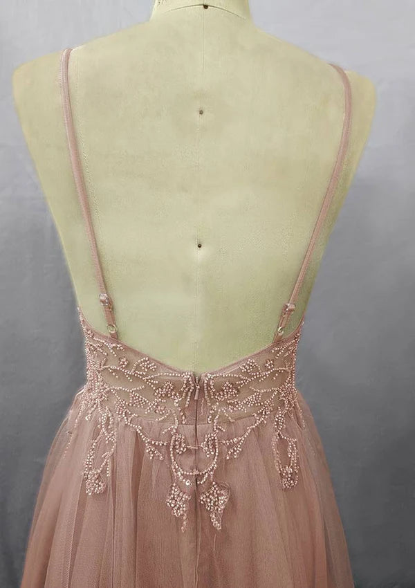 Elegant A-Line/Princess V-Neck Long/Floor-Length Tulle Prom Dress/Evening Dress With Beading Sequins Simple gentle atmospheric and unique design