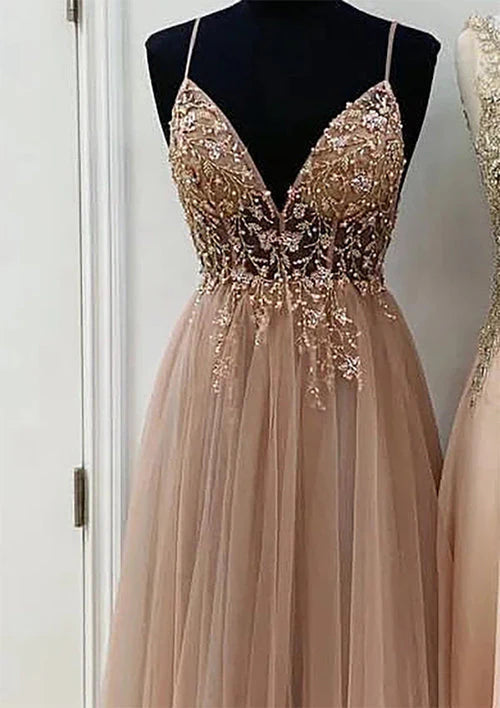 Elegant A-Line/Princess V-Neck Long/Floor-Length Tulle Prom Dress/Evening Dress With Beading Sequins Simple gentle atmospheric and unique design