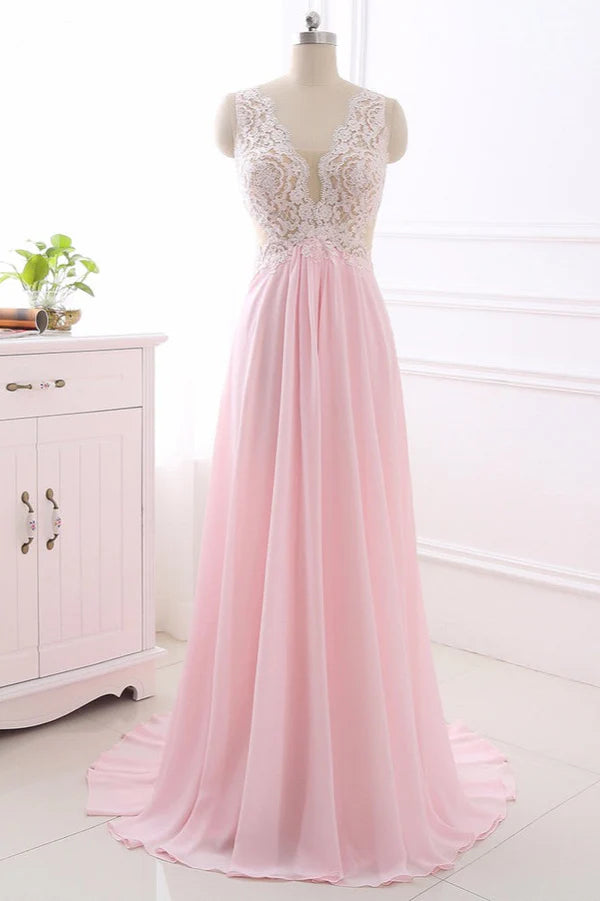 Elegant A-Line V-Neck Pink Chiffon Prom Dresses with Ruffles Simple gentle atmospheric and unique design