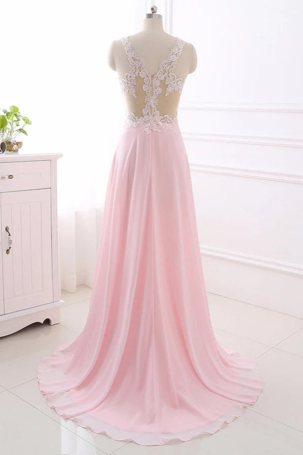 Elegant A-Line V-Neck Pink Chiffon Prom Dresses with Ruffles Simple gentle atmospheric and unique design