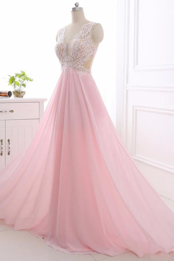 Elegant A-Line V-Neck Pink Chiffon Prom Dresses with Ruffles Simple gentle atmospheric and unique design