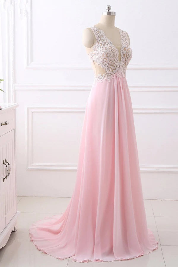 Elegant A-Line V-Neck Pink Chiffon Prom Dresses with Ruffles Simple gentle atmospheric and unique design