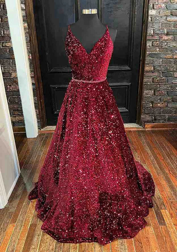 Elegant A-Line Velvet Sequins Prom Dress/Evening Dress with Beading and V-Neck Spaghetti Straps Simple gentle atmospheric and unique design