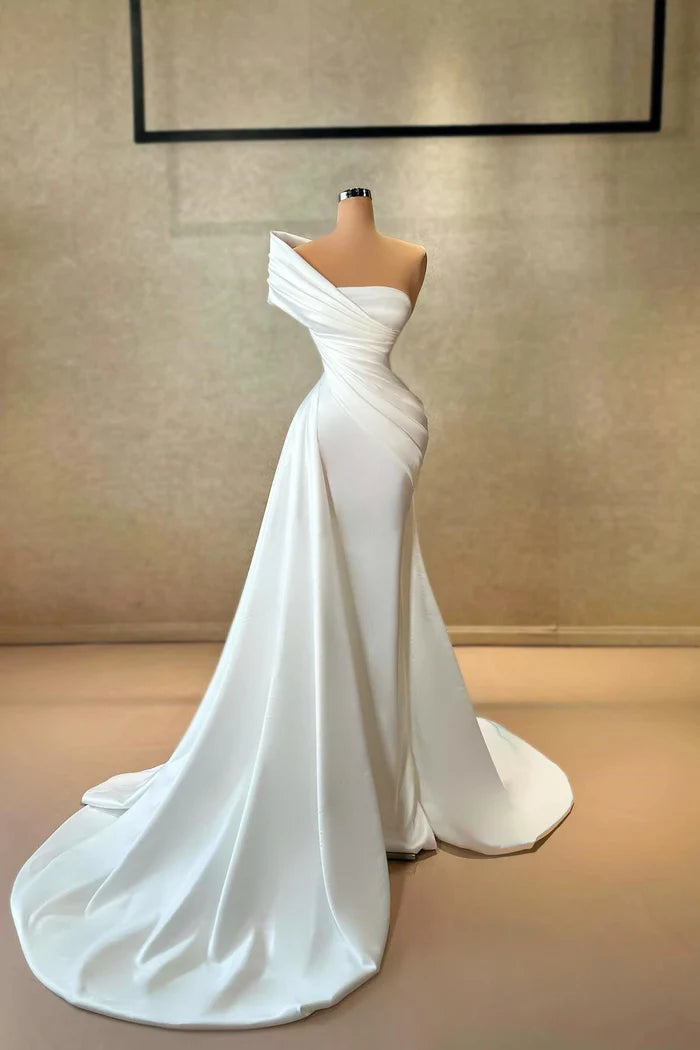 Elegant A-line One Shoulder Cap Sleeve Ruffled Satin Train White Long Prom Gown Simple gentle atmospheric and unique design