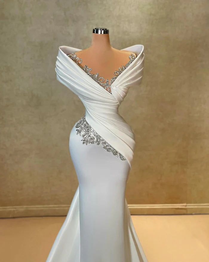 Elegant A-line One Shoulder Cap Sleeve Ruffled Satin Train White Long Prom Gown Simple gentle atmospheric and unique design