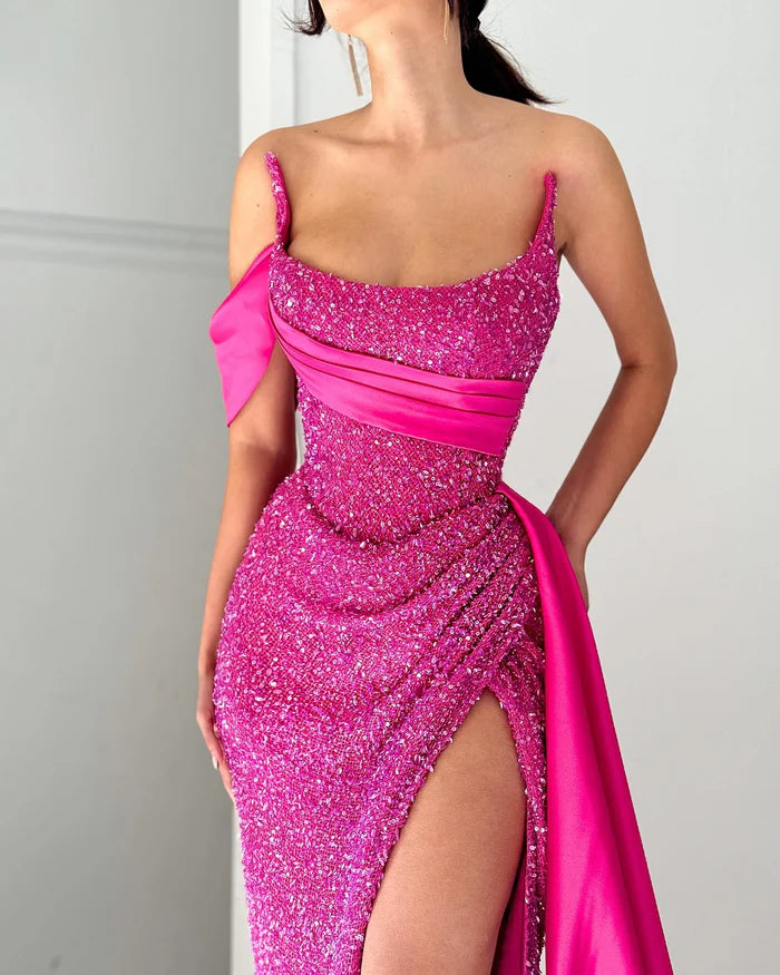 Elegant A-line Satin Sequined Sleeveless Halter Pink Long Prom Dress Simple gentle atmospheric and unique design