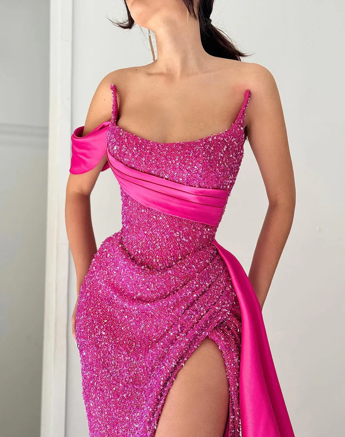 Elegant A-line Satin Sequined Sleeveless Halter Pink Long Prom Dress Simple gentle atmospheric and unique design