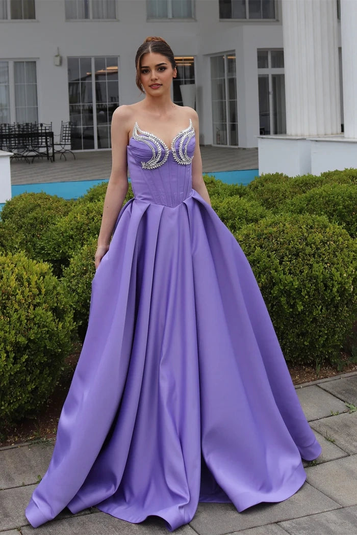 Elegant A-line Sweetheart Sleeveless Ruffled Satin Purple Evening Dress Simple gentle atmospheric and unique design
