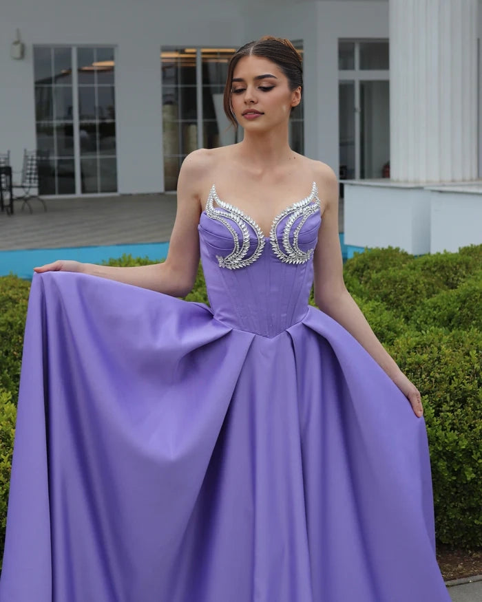 Elegant A-line Sweetheart Sleeveless Ruffled Satin Purple Evening Dress Simple gentle atmospheric and unique design