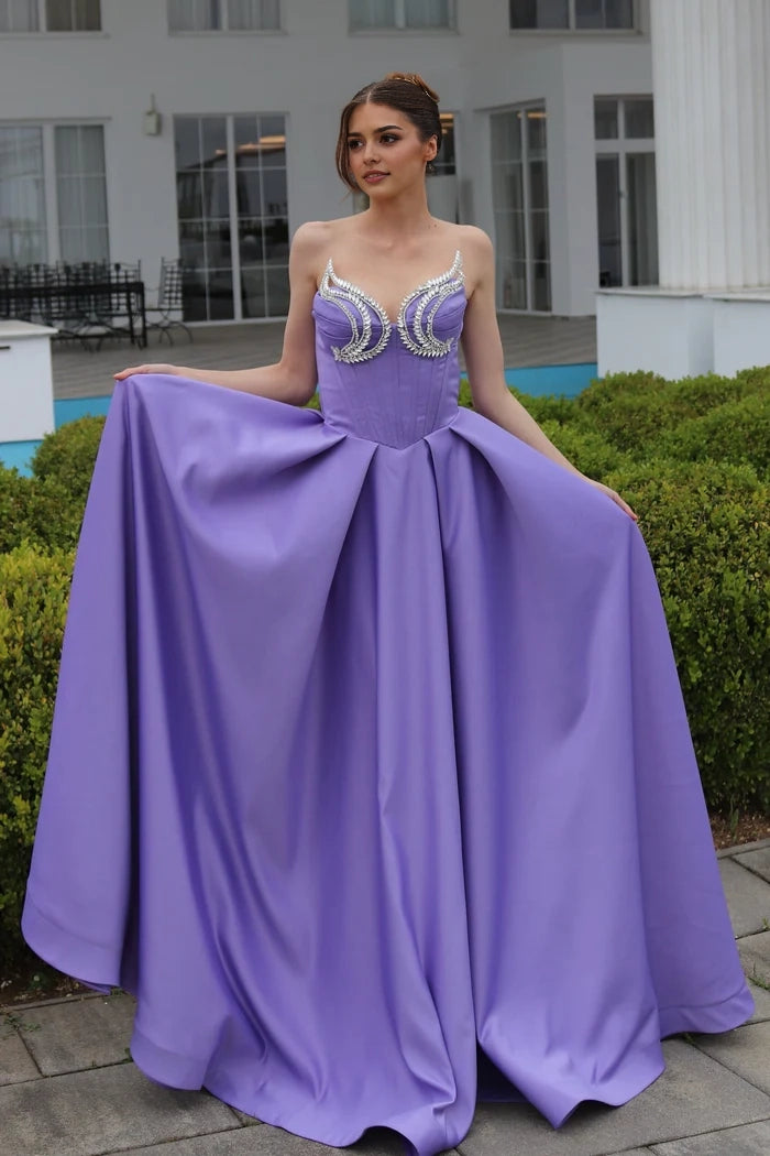 Elegant A-line Sweetheart Sleeveless Ruffled Satin Purple Evening Dress Simple gentle atmospheric and unique design