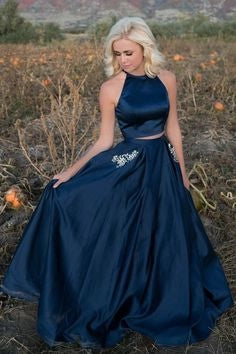 Elegant A Line Satin Dark Navy Two Pieces Long Prom Dresses With Pockets simple gentle atmospheric and unique desi Bring summer colors to enhance whiteness