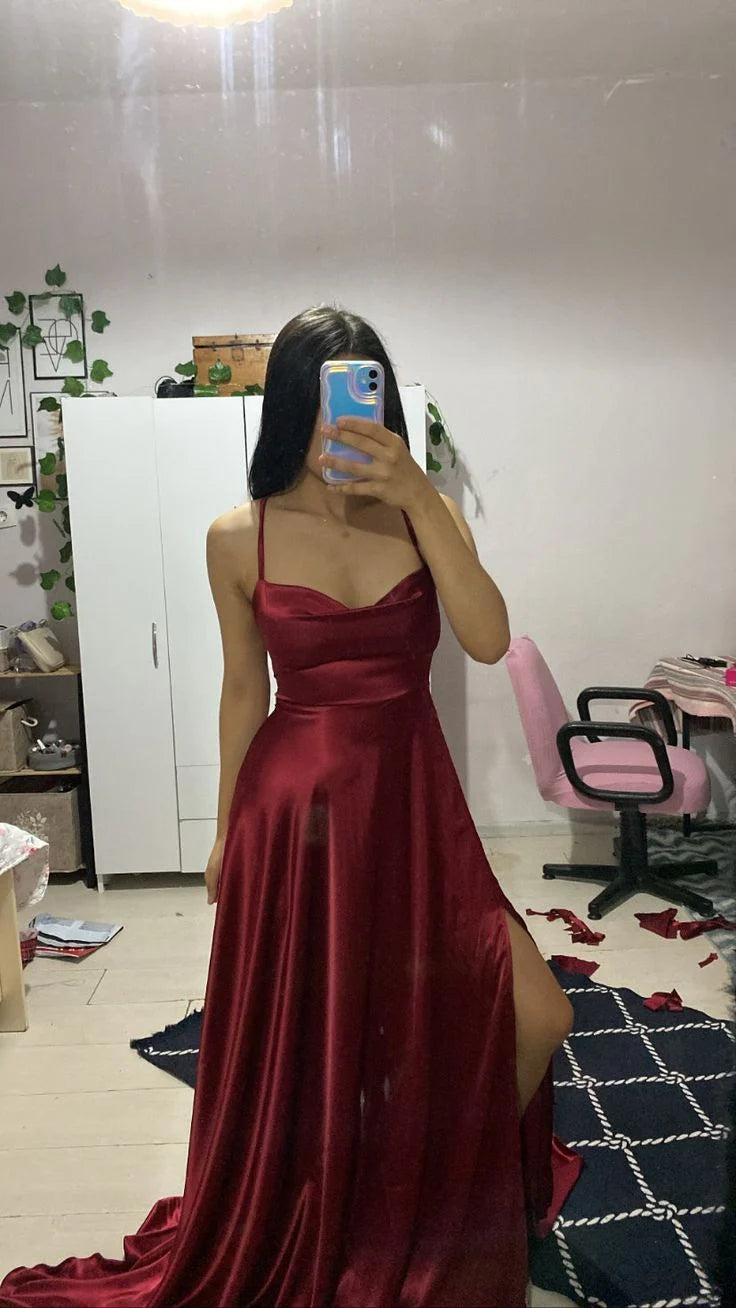 Elegant A Line Spaghetti Straps Burgundy Satin Sleeveless Long Evening Party Gowns Slit Evening Dress Special Formal Dresses Prom Dress
