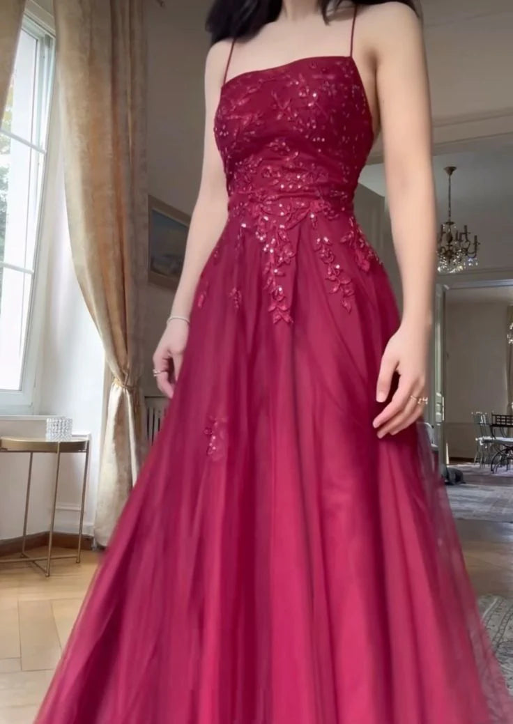 Elegant A Line Spaghetti Straps Burgundy Tulle Long Prom Dresses Party Dress 21st Birthday Outfits Graduation Dresses