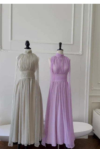 Elegant A line High Neck Chiffon Prom Dresses Formal Summer Wedding Guest Dresses Wedding Guest simple gentle atmospheric and unique desi Bring summer colors to enhance whiteness