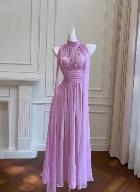 Elegant A line High Neck Chiffon Prom Dresses Formal Summer Wedding Guest Dresses Wedding Guest simple gentle atmospheric and unique desi Bring summer colors to enhance whiteness