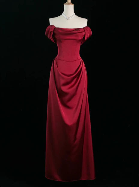 Elegant A line Off The Shoulder Burgundy Satin Prom Dresses Formal Summer Wedding Guest Dresses Wedding Guest Outfits simple gentle atmospheric and unique desi Bring summer colors to enhance whiteness
