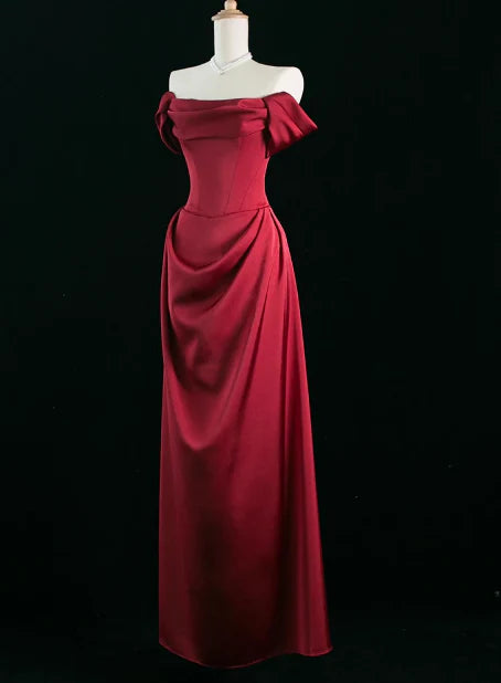 Elegant A line Off The Shoulder Burgundy Satin Prom Dresses Formal Summer Wedding Guest Dresses Wedding Guest Outfits simple gentle atmospheric and unique desi Bring summer colors to enhance whiteness