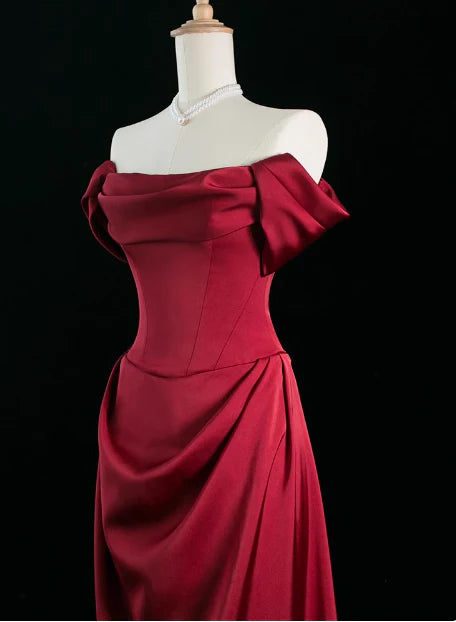 Elegant A line Off The Shoulder Burgundy Satin Prom Dresses Formal Summer Wedding Guest Dresses Wedding Guest Outfits simple gentle atmospheric and unique desi Bring summer colors to enhance whiteness