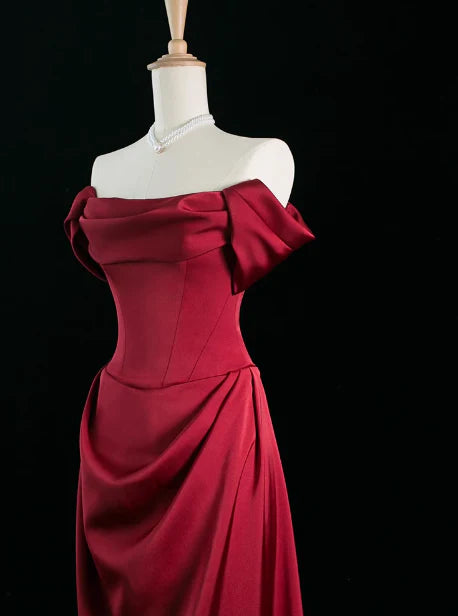 Elegant A line Off The Shoulder Burgundy Satin Prom Dresses Formal Summer Wedding Guest Dresses Wedding Guest Outfits simple gentle atmospheric and unique desi Bring summer colors to enhance whiteness