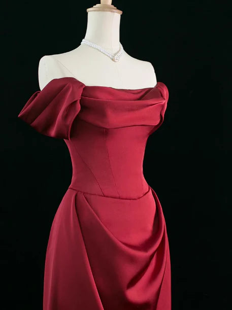 Elegant A line Off The Shoulder Burgundy Satin Prom Dresses Formal Summer Wedding Guest Dresses Wedding Guest Outfits simple gentle atmospheric and unique desi Bring summer colors to enhance whiteness