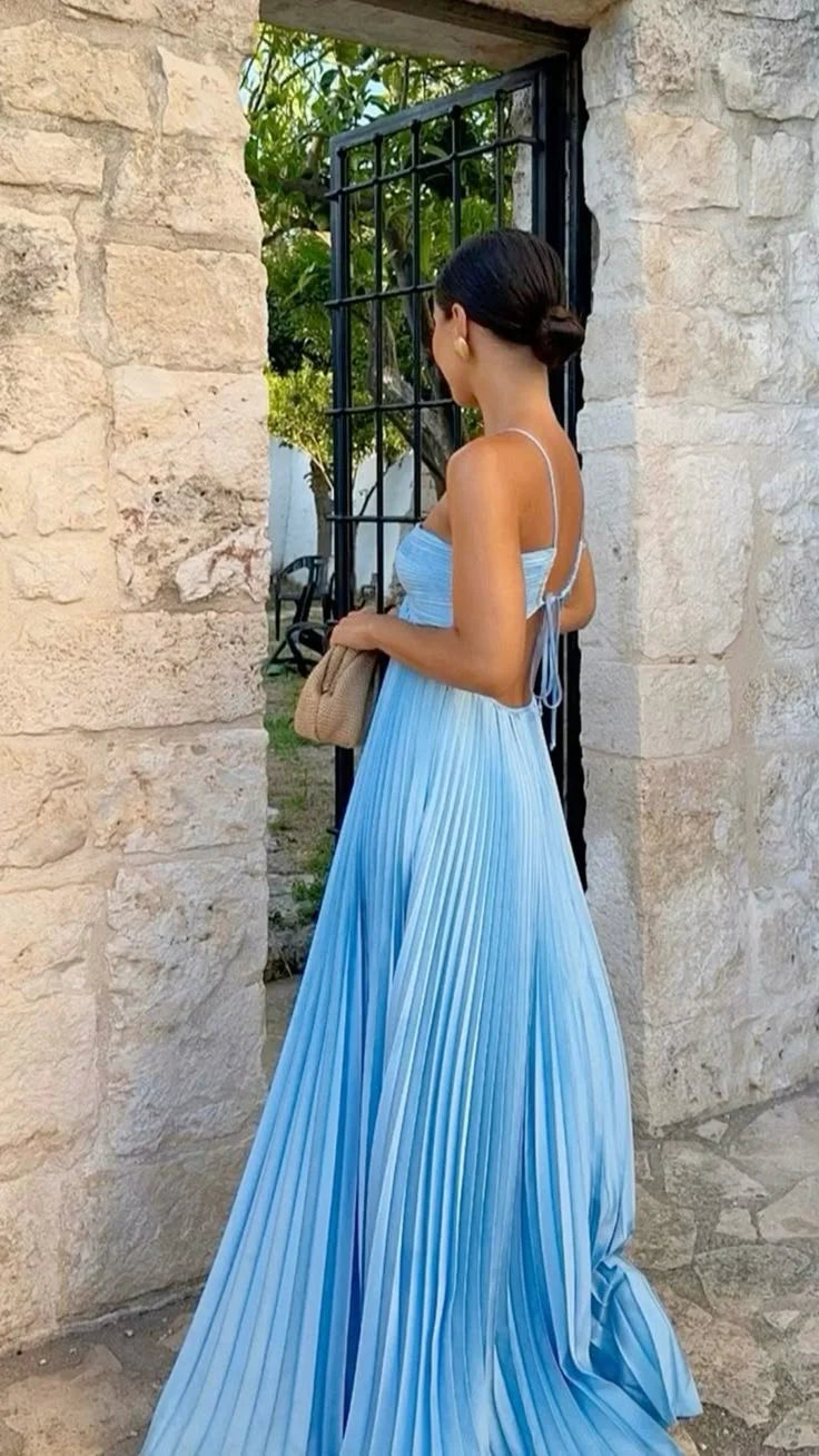 Elegant A line Spaghetti Straps Blue Chiffon Long Prom Dresses Formal Summer Wedding Guest Dresses Wedding Guest Outfit simple gentle atmospheric and unique desi Bring summer colors to enhance whiteness