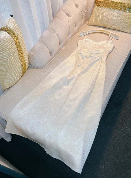 Elegant A line Spaghetti Straps Champagne Slit Prom Dresses Formal Summer Wedding Guest Dresses Wedding Guest Outfit simple gentle atmospheric and unique desi Bring summer colors to enhance whiteness