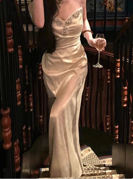 Elegant A line Spaghetti Straps Champagne Slit Prom Dresses Formal Summer Wedding Guest Dresses Wedding Guest Outfit simple gentle atmospheric and unique desi Bring summer colors to enhance whiteness